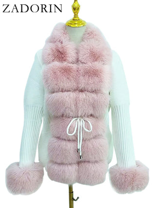 Buy pink-and-white Knitted Sweater Fur Cardigan