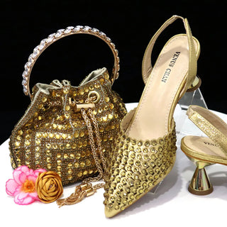 Buy gold Diamond Pointed Toe Wedding Shoe and Bag Set for Party