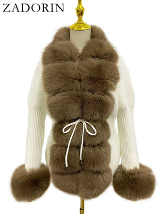 Buy camel-and-white Knitted Sweater Fur Cardigan