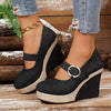 Women's Platform Wedge Pumps | Round-Toe Buckle Waterproof Thick Sole Shoes in Black & Blue | EU 36–43
