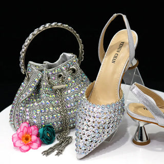 Buy silver Diamond Pointed Toe Wedding Shoe and Bag Set for Party