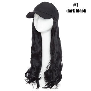 Buy dark-black Synthetic Baseball Cap With Hair Long Wavy Fake Hair