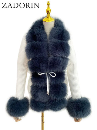 Buy blue-gray-and-white Knitted Sweater Fur Cardigan