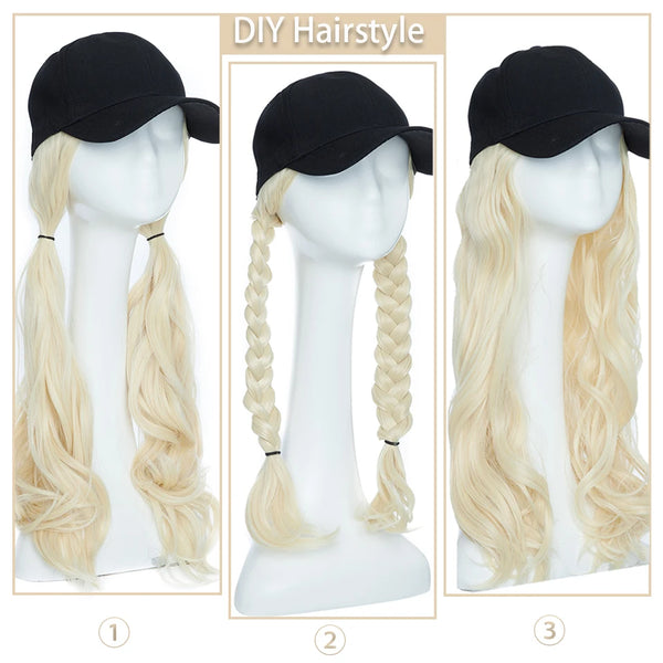 Synthetic Baseball Cap With Hair Long Wavy Fake Hair
