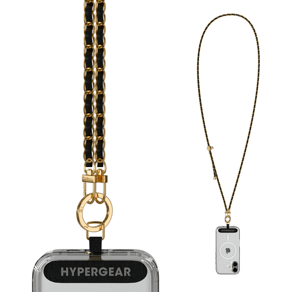 HyperGear TECHcessories Gold Chain with Black Vegan Leather Universal Crossbody Phone Strap