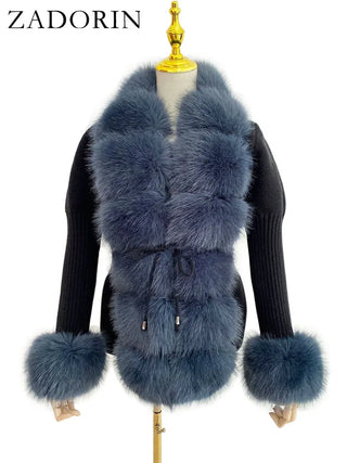 Buy blue-gray-and-black Knitted Sweater Fur Cardigan