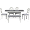 Mid-Century 6-Piece Trestle Table Set With Victorian Round Upholstered Dining Chairs and Long Bench, Gray+Antique White