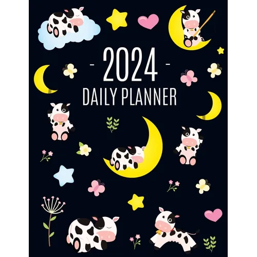 Cow Planner 2024: Cute 2024 Daily Organizer: January-December (12 Months) Pretty Farm Animal Scheduler With Calves, Moon & Hearts - Paperback