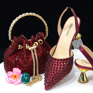 Buy wine Diamond Pointed Toe Wedding Shoe and Bag Set for Party