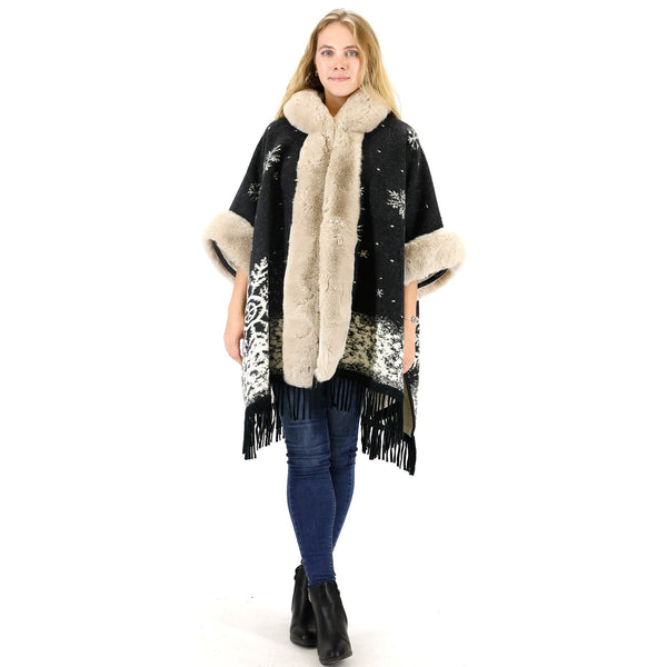 Faux Fur Snow Pattern Hoodie Shawl P3804 (1PC)