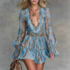 Women's Snake Print Puff Sleeve Mini Dress | Boho V-Neck Ruffle Hem Dress in 2 Colors