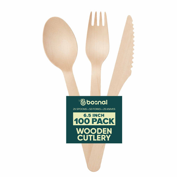 Bosnal – Wooden Disposable Cutlery Set, 6.5 inch, 100 Pcs, Birch Wood Spoons, Forks & Knives