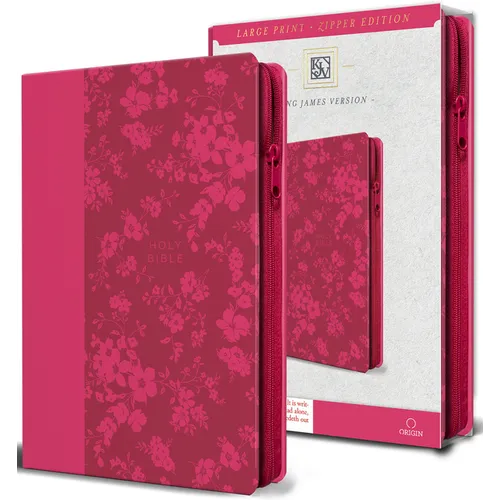KJV Holy Bible, Large Print Handy Size, Fuchsia Premium Imitation Leather W/Ribbon Marker, Red Letter, Zipper - Bonded Leather