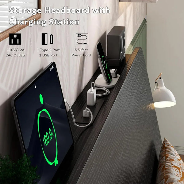 Metal Twin Bed With Headboard, LED Lights and Charging Station