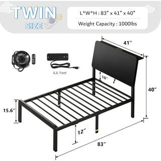 Metal Twin Bed With Headboard, LED Lights and Charging Station