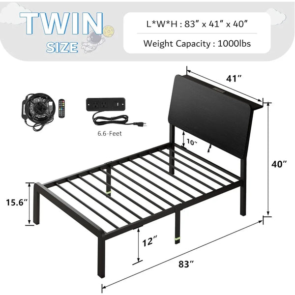 Metal Twin Bed With Headboard, LED Lights and Charging Station