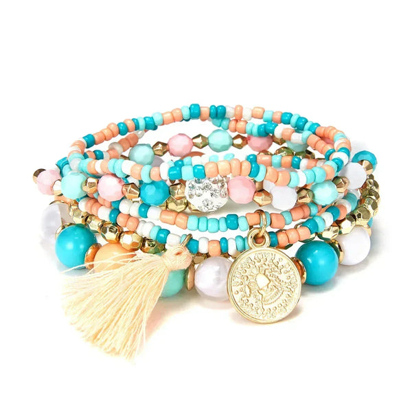 Bohemia Crystal Tassel Multicolor Beads Bracelets For Women Handmade Elastic Rope Charm Wrap Bracelet Summer Beach Party Jewelry