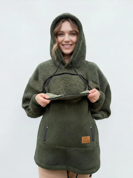 Ladies Winter Hooded Lamb Velvet Zipper Kangaroo Pocket Cat Dog Mommy Outwear Sweatshirt Comfortable Street Style Trendy Fashion