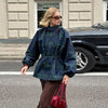 Vintage Plaid Women's Jacket Oversize Loose Stand Collar Coat Long Sleeve Hoodie Lace Up Outwears 2025 New Fall Lady Streetwears