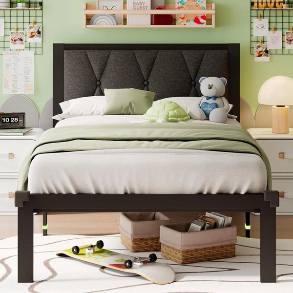 Twin Metal Bed Frame Button Tufted Headboard