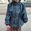 Vintage Plaid Women's Jacket Oversize Loose Stand Collar Coat Long Sleeve Hoodie Lace Up Outwears 2025 New Fall Lady Streetwears