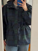 Vintage Plaid Women's Jacket Oversize Loose Stand Collar Coat Long Sleeve Hoodie Lace Up Outwears 2025 New Fall Lady Streetwears