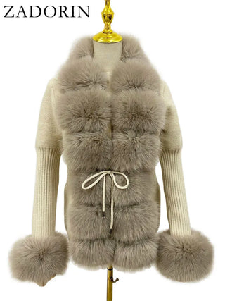 Buy khaki Knitted Sweater Fur Cardigan