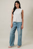 CREW NECK SLEEVELESS DIAGONAL PANEL STRIPE TOP: LT GREY-CREAM STRIPE