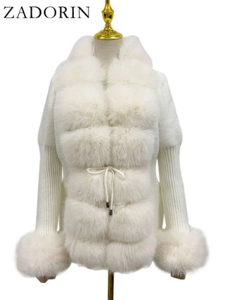 Buy beige-and-white Knitted Sweater Fur Cardigan