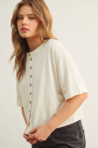 BUTTON DOWN ROUND NECK HALF SLEEVE TOP: WHITE