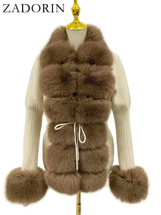 Buy camel-and-khaki Knitted Sweater Fur Cardigan