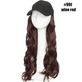 Buy wine-red Synthetic Baseball Cap With Hair Long Wavy Fake Hair