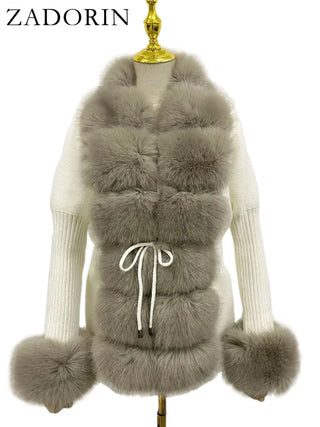 Buy khaki-and-white Knitted Sweater Fur Cardigan
