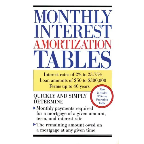 Monthly Interest Amortization Tables: Interest Rates of 2% to 25.75%, Loan Amounts of $50 to $300,000, Terms Up to 40 Years - Paperback