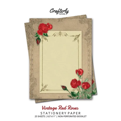 Vintage Red Roses Stationery Paper: Antique Letter Writing Paper for Home, Office, 25 Sheets (Border Paper Design) - Paperback