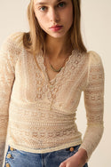 Romantic V-Neck Lace Top With Long Sleeves in Beige