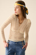 Romantic V-Neck Lace Top With Long Sleeves in Beige